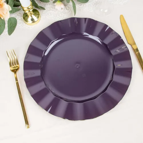 Vista 126 de Tableclothsfactory Paquete de 10 platos redondos de plástico negro de 6 pulgadas para ensalada de postre, platos desechables con borde ondulado