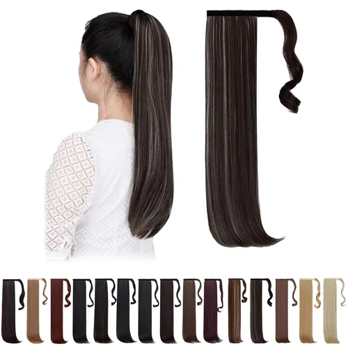 Vista 37 de Extensiones de cola de caballo negras, colas de caballo rizadas con clip, 22 pulgadas, 3.5 onzas, extensión de cabello sintético envolvente del pelo