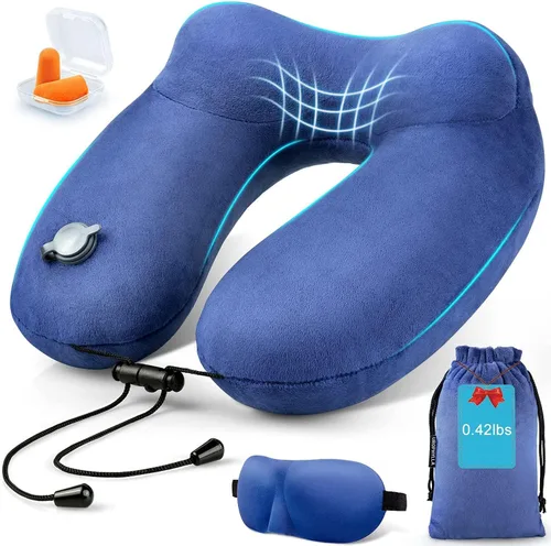 Vista 11 de Almohada inflable para el cuello de viaje para aviones, soporte de cuello de terciopelo súper suave, firmeza ajustable, almohada inflable