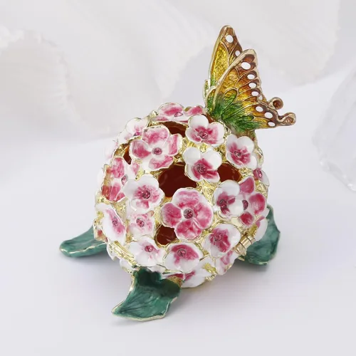 Vista 4 de Caja de joyería de flores de hortensias pintada a mano, joyero esmaltado con bisagras, organizador único de joyas de mini anillos, almacenamiento
