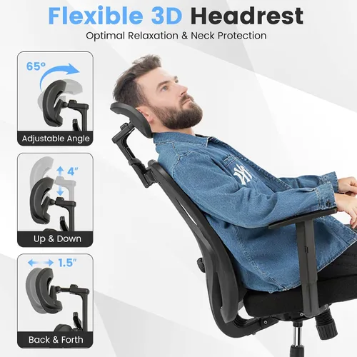 Vista 4 de COSTWAY Silla de oficina de malla, sillas ergonómicas de escritorio para computadora con reposacabezas 3D, reposabrazos ajustables y soporte lumbar