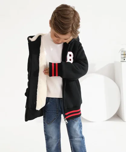 Vista 4 de Bumeex Chaqueta con forro polar Sherpa para niños y niñas, para primavera, otoño, invierno, con cremallera, sudadera con capucha de 2 a 14 años Negro