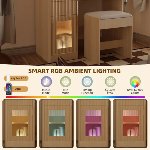 Vista 5 de Juego de tocador de maquillaje con espejo LED ajustable, 4 cajones, armarios de vidrio RGB, toma de corriente y taburete, tocador acanalado