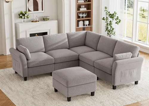 Vista 21 de Legend Vansen Sofá modular seccional, cómodo sofá modular en forma de U de 6 asientos con espacio de almacenamiento y diván, sofás seccionales Crema