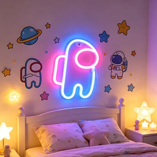 Vista 2 de Nordstylee Luces de neón con forma de astronauta para colgar luces de neón decorativas con USB o pilas para el hogar, dormitorio, bar, restaurante