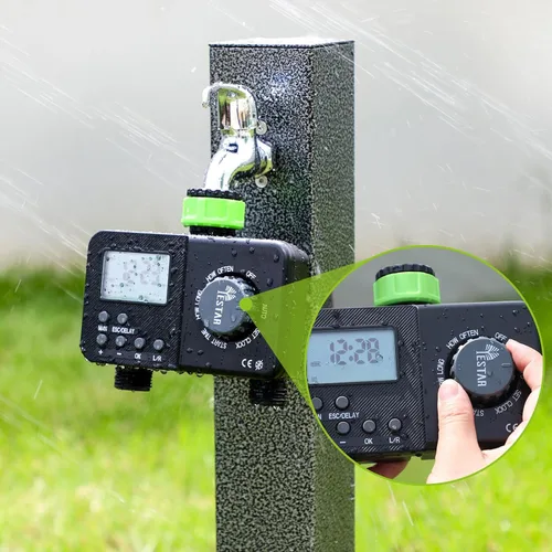 Vista 7 de Temporizador de rociador para manguera de jardín, temporizador de agua de 2 zonas, sistema de riego automático, duración de riego es de 1 min-6 h