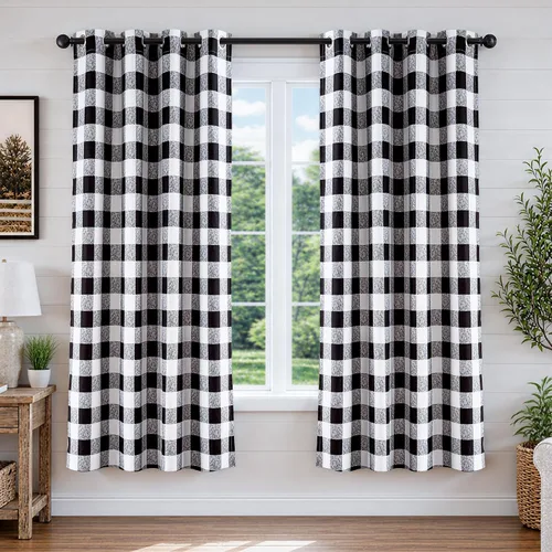 Vista 27 de Cortinas de cuadros de búfalo DriftAway a cuadros negro y blanco extralargas con tratamiento ojo de sargento para dormitorio y sala de estar