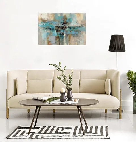 Vista 2 de DZL Art A74769 - Impresiones en lienzo abstractas para pared, pinturas artísticas azules y marrones, lienzo estirado de madera, enmarcado para sala