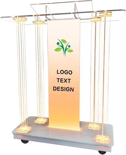 Vista 7 de Púlpito de Iglesia Personalizable con Logo y Texto, Atril con Soporte, Podium Transparente de Acrílico LED con Ruedas y Plataforma de Lectura