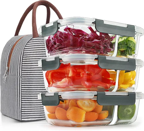 Vista 12 de DAS TRUST Paquete de 3 recipientes de vidrio para almacenamiento de alimentos, 2 compartimentos, recipientes de vidrio para preparación de comidas