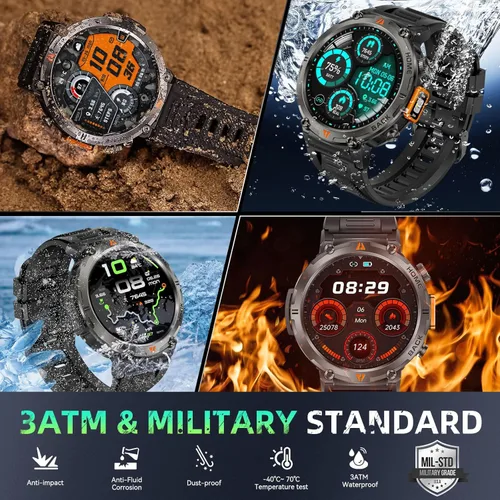 Vista 2 de Relojes inteligentes militares para hombres con GPS incorporado 3ATM impermeable con linterna de llamada/LED, reloj inteligente táctico resistente