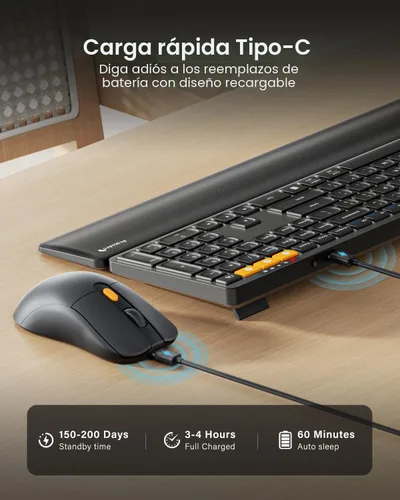 Vista 4 de ProtoArc Combo de teclado y mouse Bluetooth, KM60 Bluetooth + USB multidispositivo recargable, reposamuñecas, juego de teclado y mouse inalámbrico