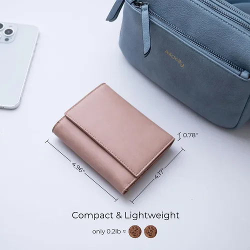 Vista 5 de Alldaily Billetera pequeña con bloqueo RFID, billetera delgada para tarjetas de crédito con bolsillo con cremallera, Rosado oscuro, Compacto