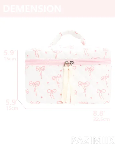 Vista 4 de PAZIMIIK - Bolsa de maquillaje de algodón para mujer, grande, acolchada para viaje, Rosa (Bow Pink), Vintage