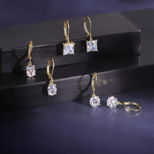 Vista 5 de Juego de aretes colgantes para mujer, chapados en oro de 18 quilates, aretes colgantes de circonita cúbica, hipoalergénicos, regalos para ella