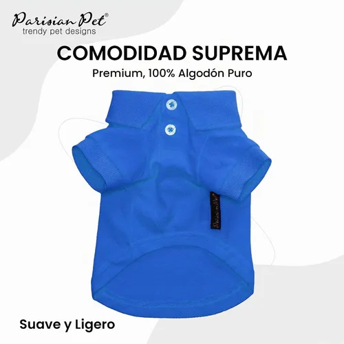 Vista 2 de Camisas Polo Parisian Pet - Camisa de Algodón Transpirable para Perros - Azul Sólido, Ropa de Verano con Capucha - Cuello con Botón para Perros Polo