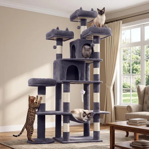 Vista 10 de PMT03BW - Árbol para gatos de interior, torre grande de 71 pulgadas con poste rascador y percha superior, hamaca, condominio para gatos adultos