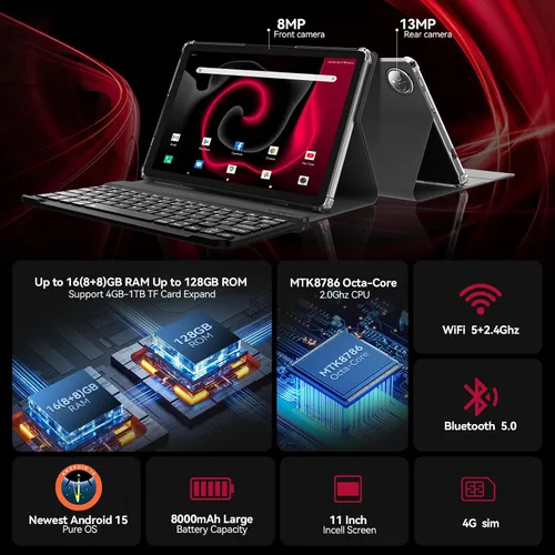Vista 2 de KADYBE Tableta Android 15 de 11 pulgadas, las tabletas más recientes de 2025 con 16GB RAM 128GB ROM 1TB expandible, tableta con teclado, batería