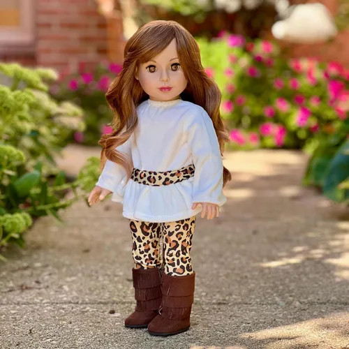 Vista 7 de Ropa Dol de 18 pulgadas, Safari de moda, traje de muñeca de 3 piezas de 18 pulgadas, túnica de terciopelo marfil, leggings de guepardo y botas