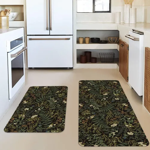Vista 2 de Alfombras de Cocina Vintage Negras y Verdes Botánicas, Juego de 2 Alfombras de Cocina Antideslizantes Lavables, Tapetes de Cocina con Helechos