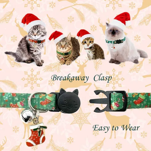 Vista 3 de Juego de collar de gato de Navidad, collares ajustables para gatos con campanas y dijes, 4 unidades por juego
