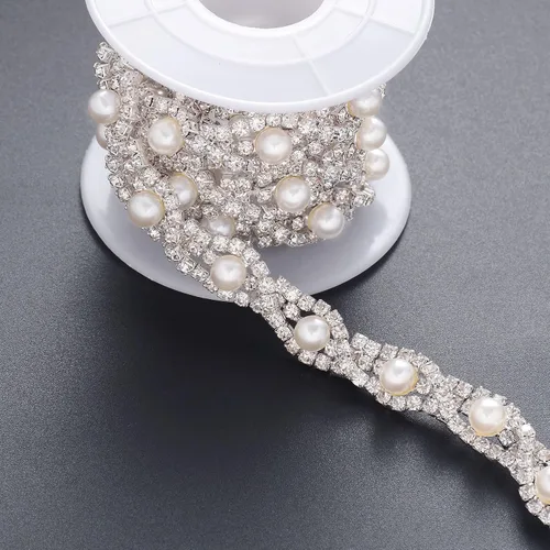 Vista 8 de Jerler Cadena de diamantes de imitación de cristal de 1 yarda, cuentas de perlas incrustadas para decoración de bricolaje y adornos de novia, ideal