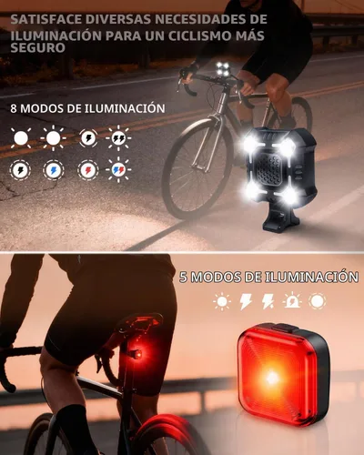 Vista 4 de WSDCAM Bocina de bicicleta de 140 dB con luz delantera y trasera, interruptor de control de campana de bicicleta 2 en 1, luz LED, recargable a