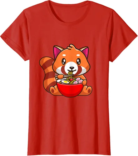 Vista 46 de Camiseta Kawaii Anime Red Panda Eating Ramen Noodles, Negro, S