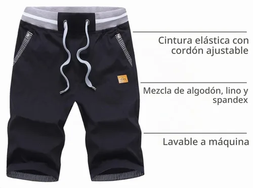 Vista 4 de JustSun Pantalones cortos para hombre, estilo casual, de algodón, con cintura elástica y bolsillos Negro