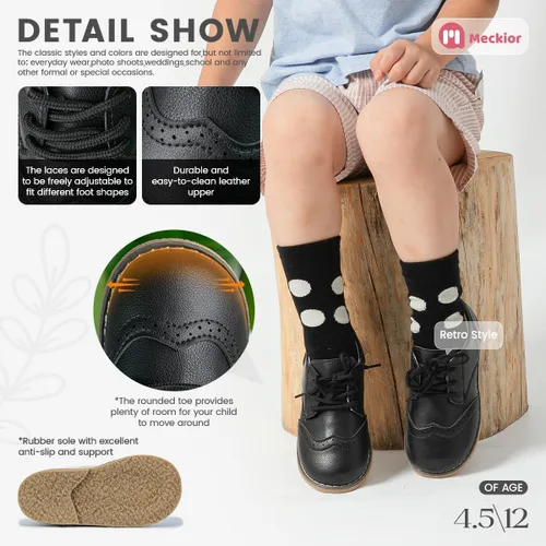 Vista 5 de Meckior Zapatos de vestir para niños y niñas pequeños, zapatos Oxford para boda, iglesia, zapatos de vestir de piel sintética, con cordones