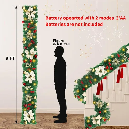 Vista 2 de JUNEBRUSHS Guirnalda de Navidad de 9 pies con luces, guirnalda decorativa con 50 luces LED, funciona con pilas, ratán verde artificial preiluminado