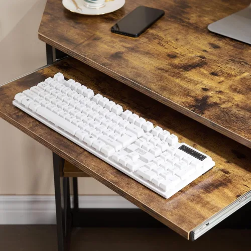 Vista 6 de VECELO - Escritorio de esquina para computadora, mesa de escritura con bandeja para teclado suave y estantes de almacenamiento, mesa triangular