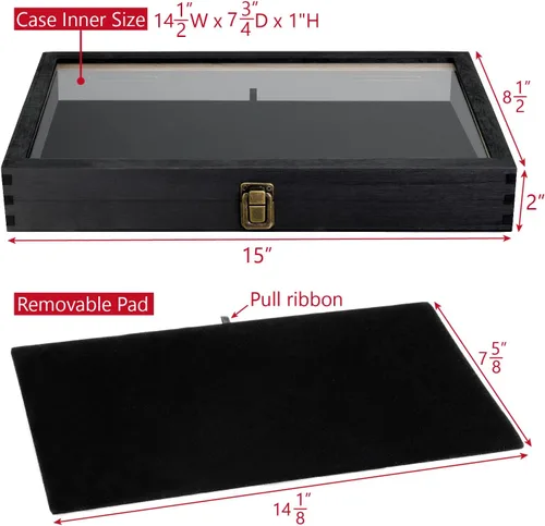 Vista 2 de MOOCA Vitrina de madera para joyas, tapa superior de vidrio templado, vitrina de cuchillo de bolsillo con cierre de metal y almohadilla extraíble