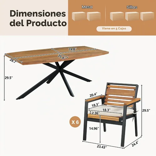 Vista 3 de Juego de comedor de patio al aire libre de 7 piezas, madera de acacia con marco de hierro, mesa rectangular para todo tipo de clima y 6 sillas