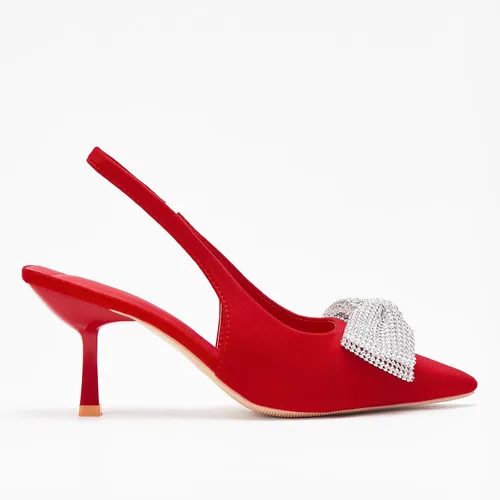 Vista 4 de stylewe Tacones para mujer, tacones de gatito, tacón bajo, punta cerrada y puntiaguda con lazo brillante para zapatos de citas de boda