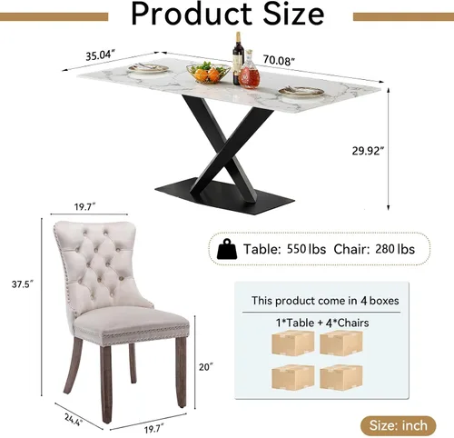 Vista 9 de Juego de mesa de comedor de mármol blanco para 4, 70 pulgadas, mesa de comedor de mármol blanco con 4 sillas de terciopelo beige y base de acero al