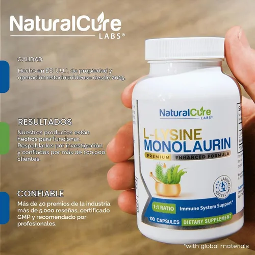 Vista 2 de Natural Cure Labs L-Lisina + Monolaurina 600mg Proporción 1:1, 100 Cápsulas