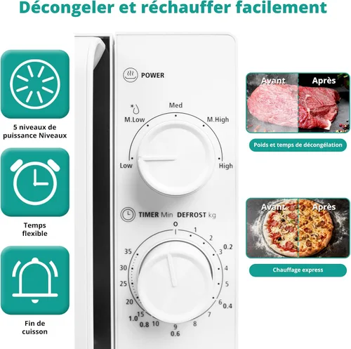 Vista 2 de SMETA 20L Microwave, Microwave, No Grill, Coating, 700W Power, 5 Levels, 35 Minute Timer, Time Defrost Mode, White Finish
