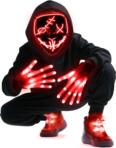 Vista 7 de LED Mask Gloves Shoelace Set, Red & Blue Halloween Costume Rave Cosplay Kit