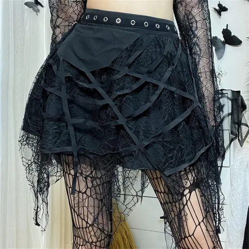 Vista 8 de TOMETO STAR Faldas irregulares de malla para mujer, con cremallera de pentagrama, punk gótica, oscuridad, falda casual suelta para club