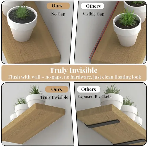 Vista 3 de 4 piezas de soportes de estante de pared resistentes para estantes flotantes ocultos, soportes de estante negros decorativos para estantes flotantes