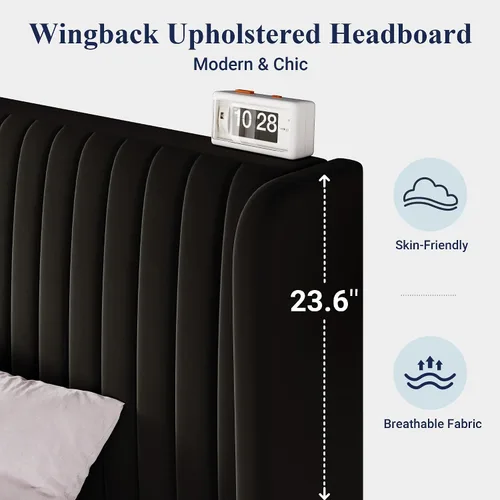 Vista 5 de Allewie - Base de cama tamaño Full con cabecera tapizada en terciopelo y diseño acanalado vertical; plataforma de cama tapizada; listones de madera