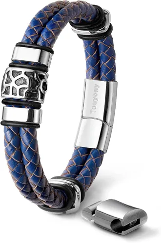Vista 3 de Touyony Pulseras de cuero prémium para hombres, pulseras de cuero trenzado de doble fila de acero inoxidable, eslabones adicionales, joyería