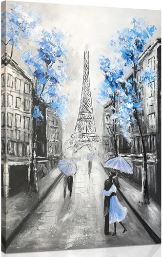 Vista 2 de YPY Arte de Pared en Lienzo Floral Azul de París: Imagen de Flor Azul Torre Eiffel Gris para Decoración de Baño, Pintura Texturizada de Paisaje
