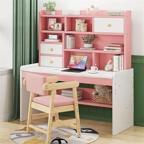 Vista 7 de Mesa rectangular de almacenamiento para niños con cajón, estantería moderna, estantes para mesa de trabajo, mesa de PC, escritorio de esquina