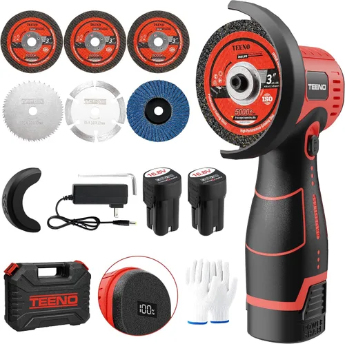 Vista 15 de TEENO Kit de amoladora angular inalámbrica, mini herramienta de amoladora de mano de 19,500 RPM con 2 baterías de 16.8 V 2000 mAh y 6 discos Gris