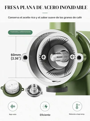 Vista 6 de Huanyu - Molinillo de café plano de 2.362 in, color verde crema retro para café casero Stainless steel burr, 8 precision grind settings, 250g