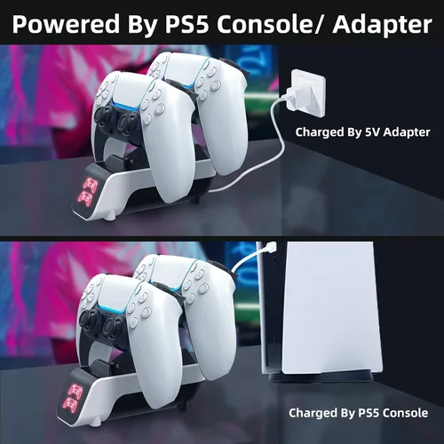 Vista 3 de Estación de carga para controlador PS5 con base de carga doble, carga rápida de 5 V, accesorios de cargador inalámbrico PS5 para controlador