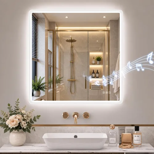 Vista 14 de SBAGNO - Espejo de baño LED de 40 x 28 pulgadas con marco negro, altavoz