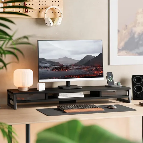 Vista 2 de Fenge Soporte de monitor doble, elevador de monitor con cajón, soporte de monitor de computadora grande de 42.5 pulgadas para 2 monitores, estante